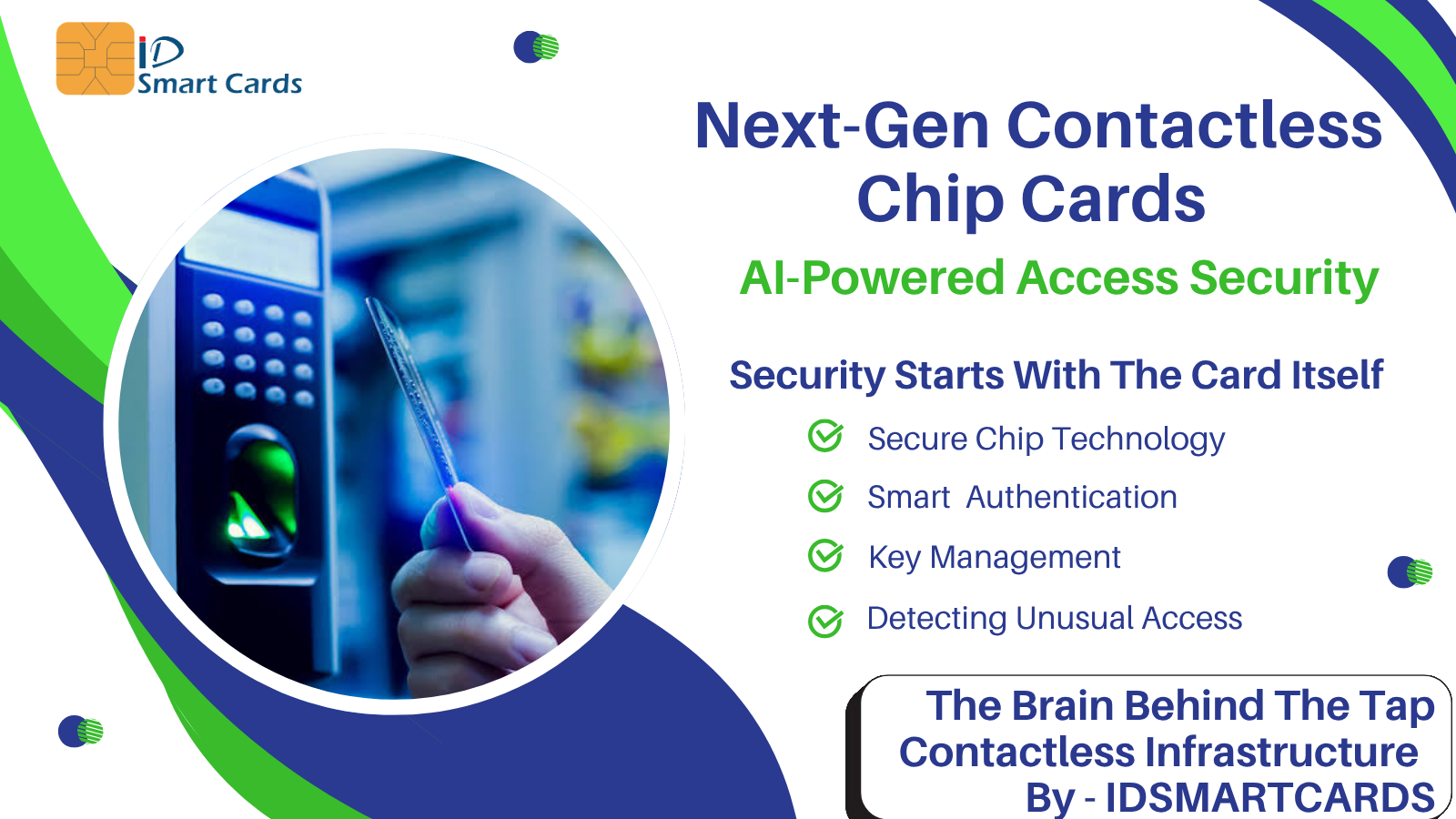 A secure contactless smart chip card on an AI-powered biometric access control reader by ID Smart Cards.
